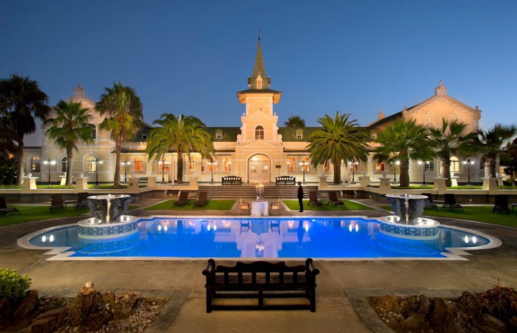 Swakopmund Hotel & Entertainment Centre. Housed in a restored historic station building, this hotel offers spacious rooms, a casino, a pool, and top-notch dining options. Perfect for leisure travelers.